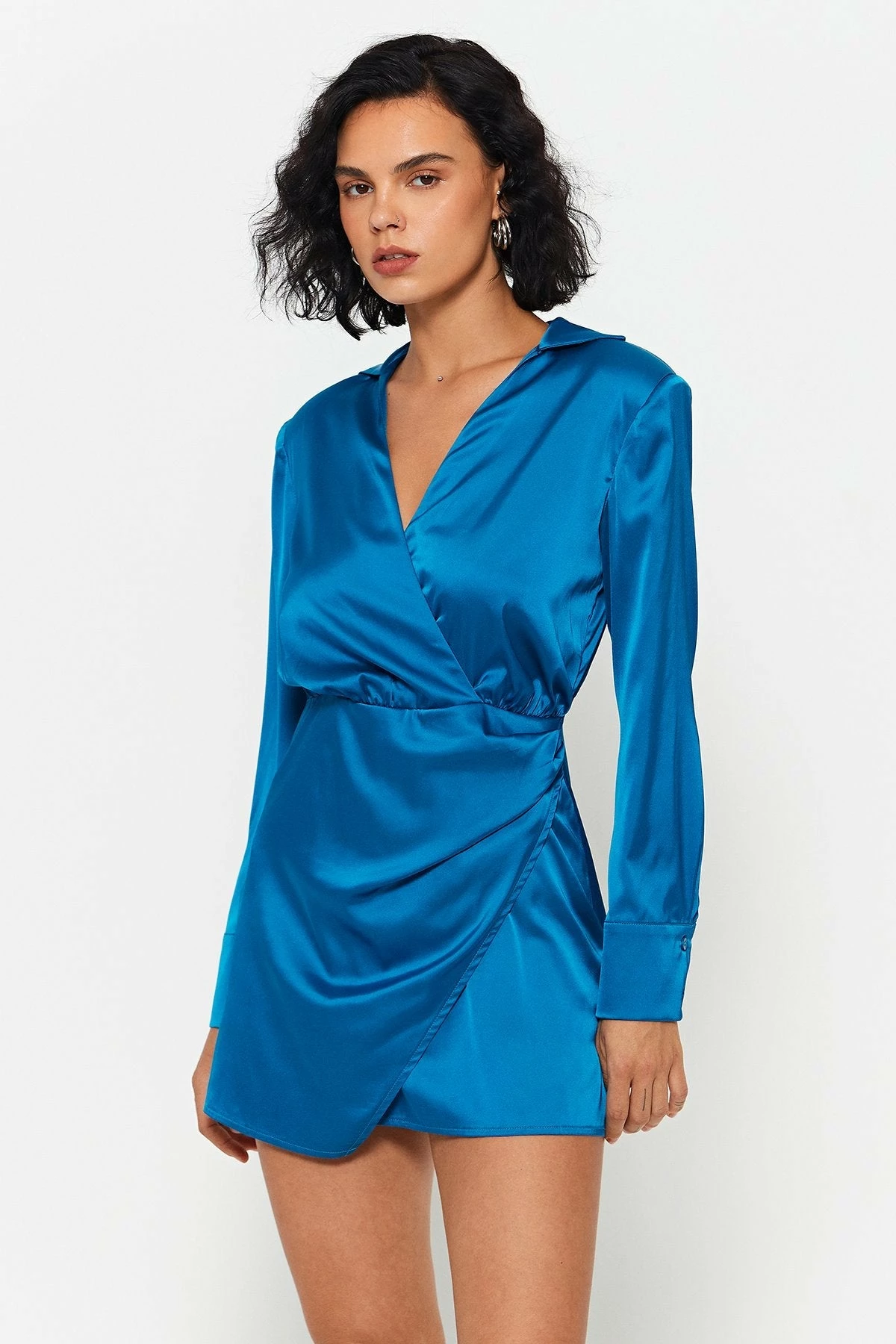 SOLADO Satin Cinched Waist Wrap Hem Long Sleeve Mini Dress 1 SOLADO Satin Cinched Waist Wrap Hem Long Sleeve Mini Dress