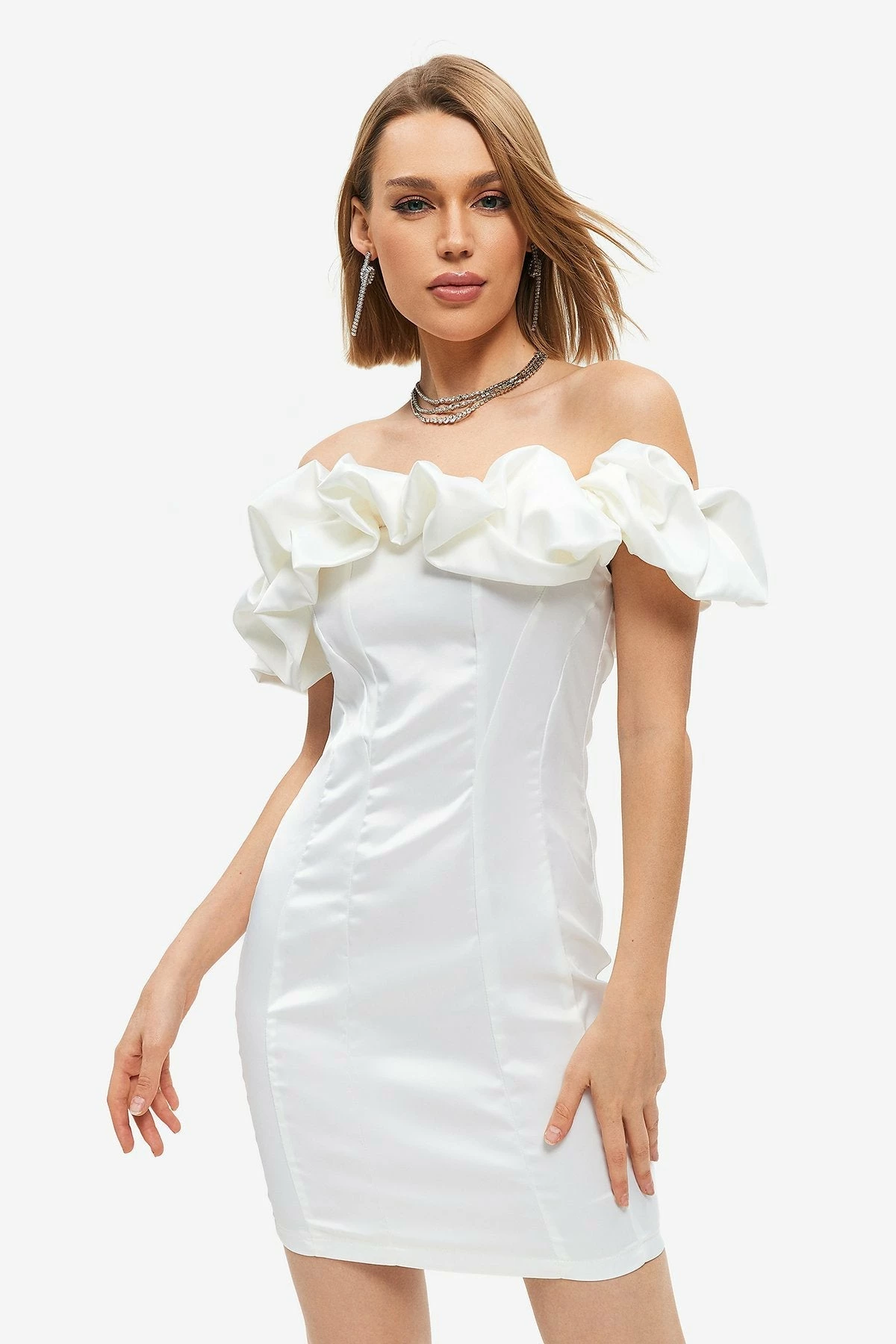Solado Off Shoulder Satin Solid Bodycon Mini Dress 1 Solado Off Shoulder Satin Solid Bodycon Mini Dress