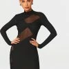 SOLADO Mock Neck Mesh Splicing Long Sleeve Mini Dress