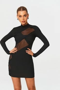 SOLADO Mock Neck Mesh Splicing Long Sleeve Mini Dress