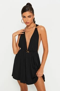 SOLADO Plunging Neck Buckled Detail Draped Mini Dress