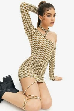Solado Check Print Asymmetrical Neck Cold Shoulder Mini Dress