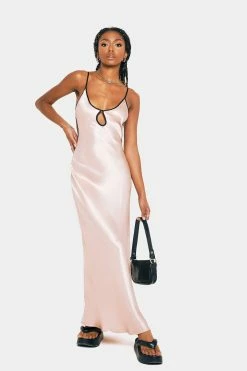 SOLADO Satin Colorblock Trim Keyhole Backless Maxi Dress