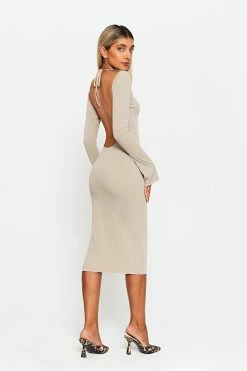 SOLADO Flared Sleeve Open Back Bodycon Midi Dress Without Belt