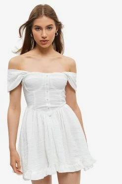 Solado Off Shoulder Zip Back Flounce Hem Mini Dress