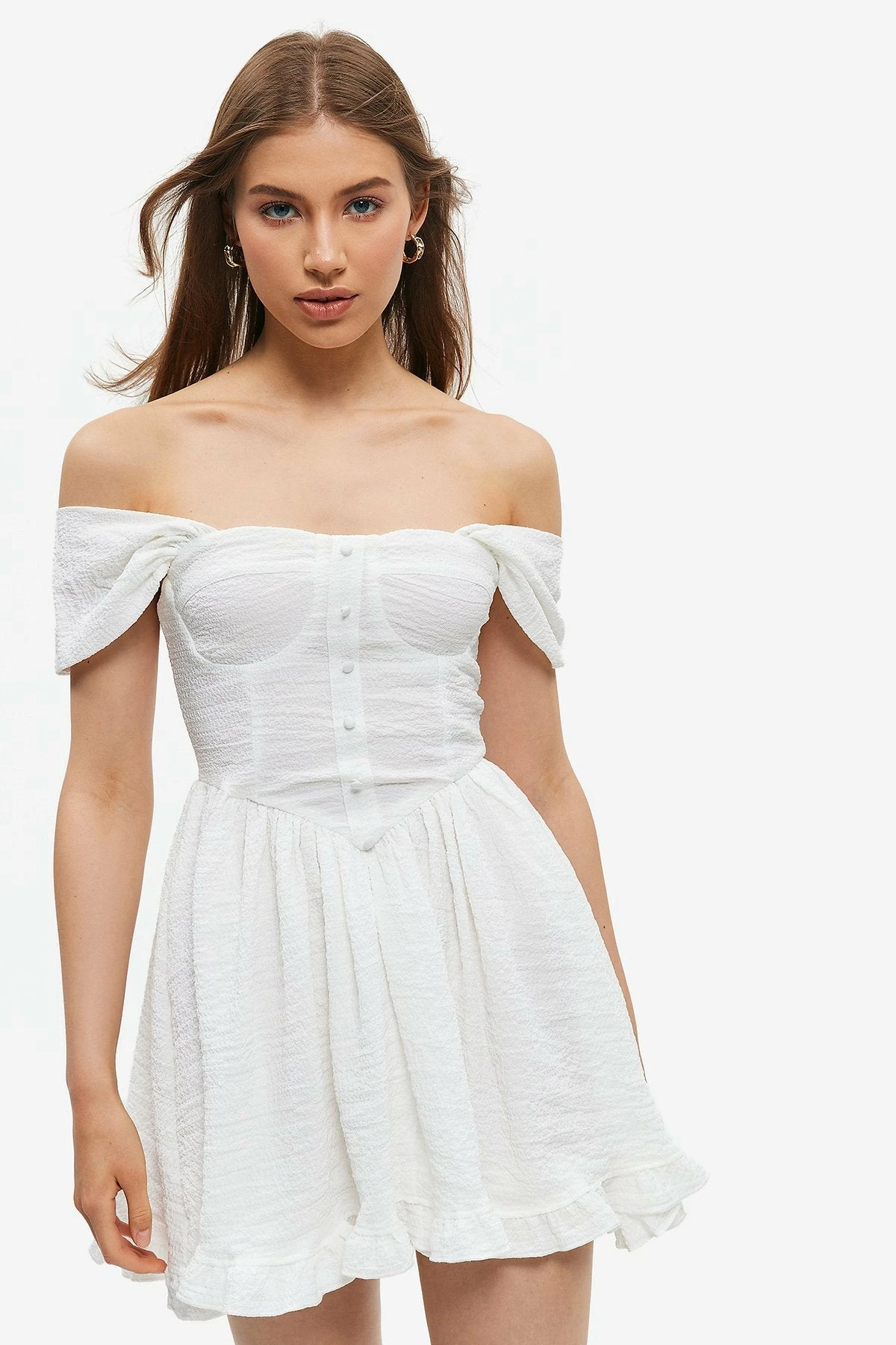 Solado Off Shoulder Zip Back Flounce Hem Mini Dress 1 Solado Off Shoulder Zip Back Flounce Hem Mini Dress
