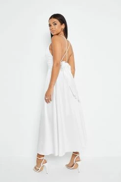 Solado Plunging Neck Cross Backless Solid Maxi Dress