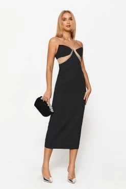 Solado Plunging Neck Rhinestone Decor Mesh Splicing Maxi Dress